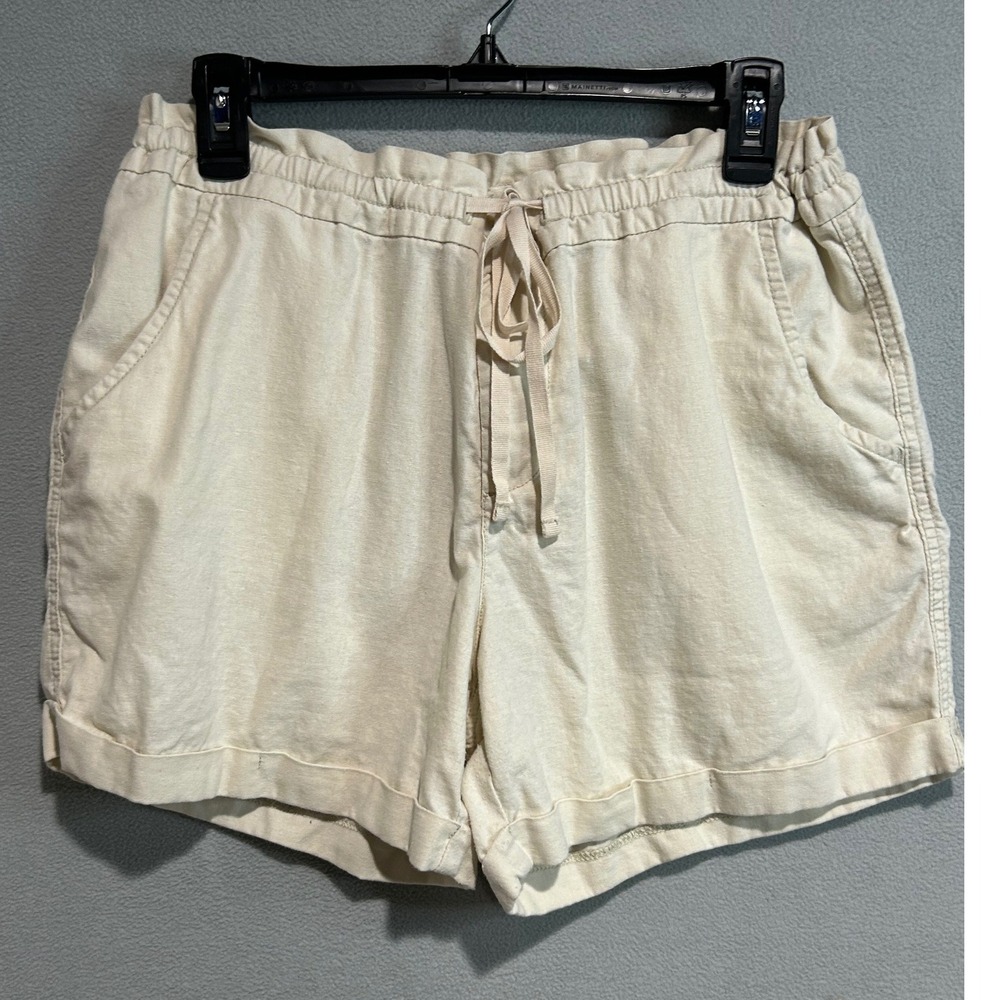 Linen Blend Shorts Womens 14 Beige Drawstring Waist Casual Neutral Summer Beach